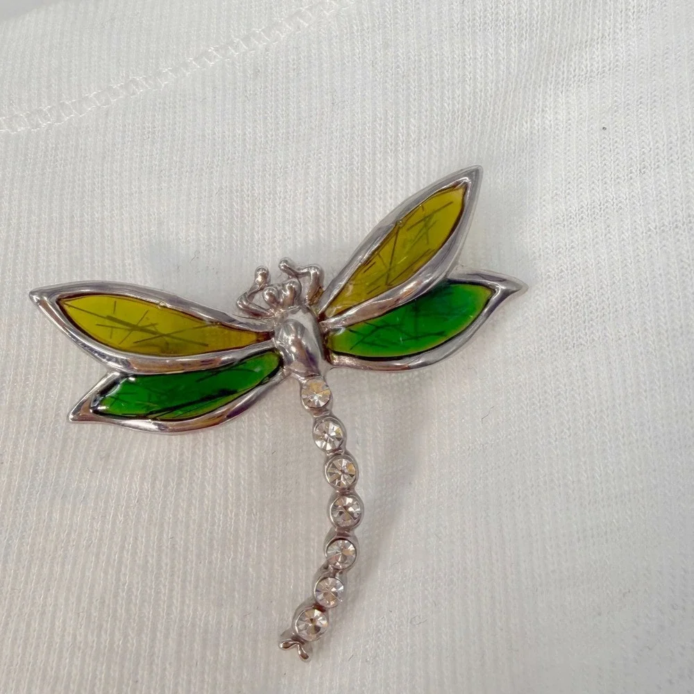 Silver Tone Dragonfly Brooch Green Yellow Enamel Wings Clear Rhinestone 103-235